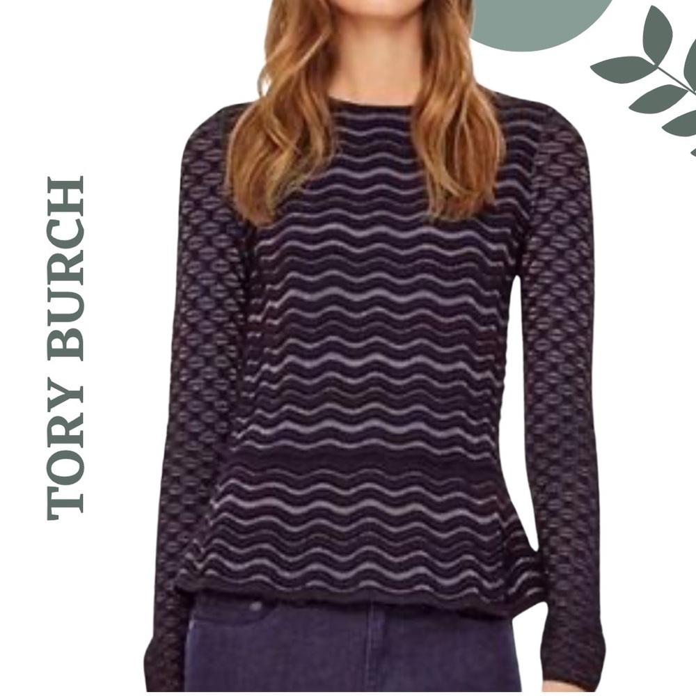 Tory Burch Textured Wool Blend Knit Long Sleeve Sweater Metallic Thread Small